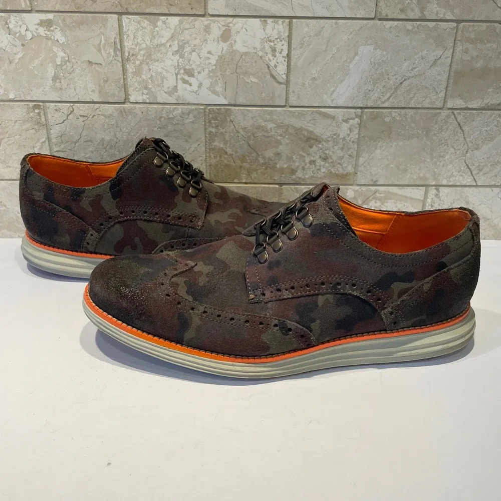 Cole Haan Grand.OS Mens Camo Suede Wingtip Oxford Shoes C32415 Brown Green 9.5 W